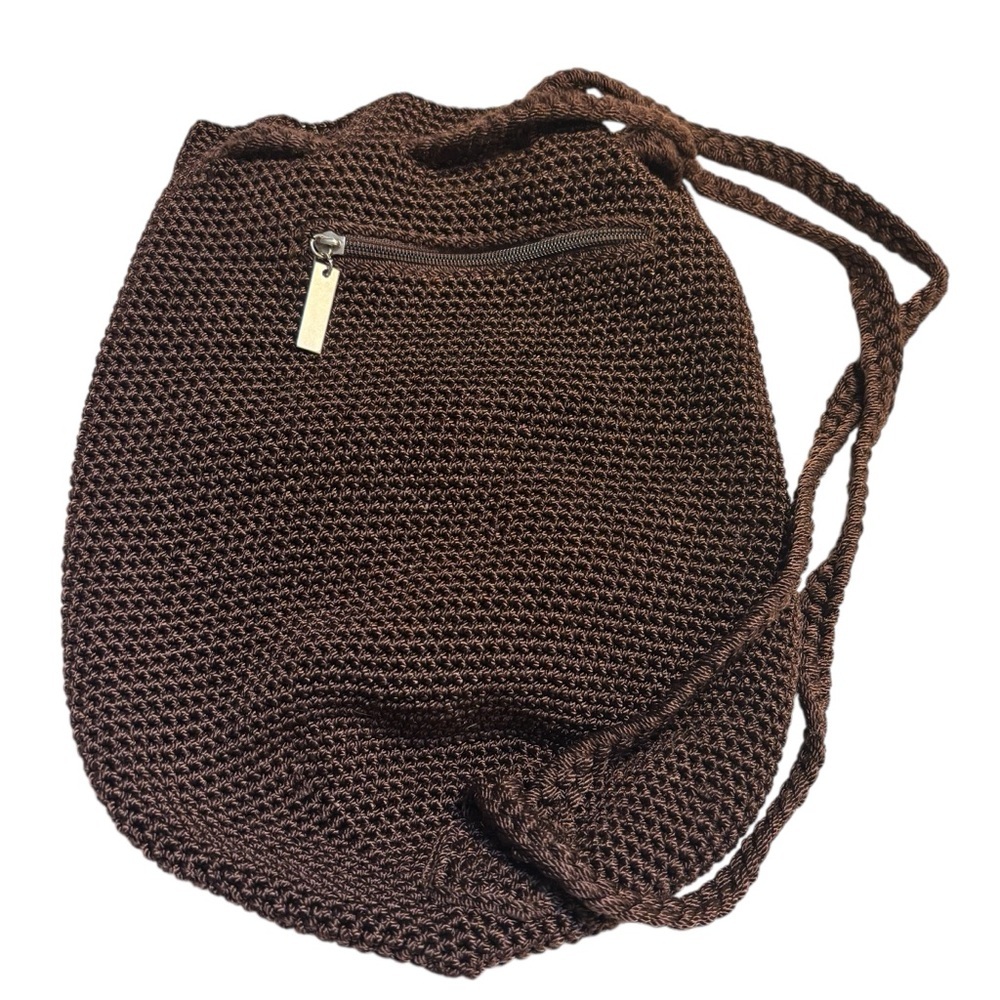 The Sak OMG Mini Backpack Chocolate Brown Crochet Knit Drawstring Pockets Boho - Picture 3 of 16